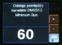 Odstęp kanałów - Odstęp między ramkami(kanałami) DMX512 - Mark Between Frames (MBF). Jego długość może wynosić od 0 do 1 sekundy, im krótszy tym lepszy.