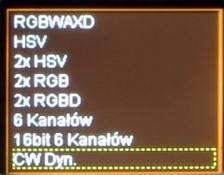 RGB - kolory czerwony, zielony i niebieski (Red, Green, Blue) na 3 kolejnych kanałach DMX-512;! RGBW - kolory czerwony, zielony, niebieski i biały ( Red, Green, Blue, White) na 4 kolejnych kanałach;!