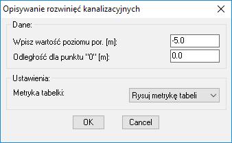 Polecenie opisuje narysowane rozwinięcie kanalizacji wewnętrznej. Polecenie wstawia rzędne rozwinięcia kanalizacyjnego oraz odległości od punktu "0".