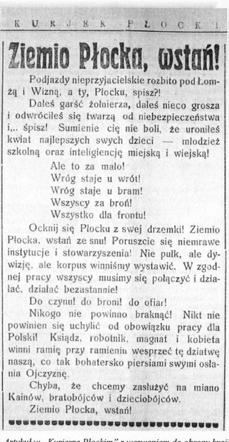 Artykuł z wezwaniem do obrony kraju zamieszczony w Kurierze Płockim, nr 177 z 31 lipca 1920 r.