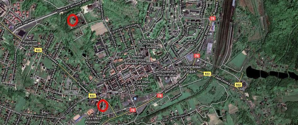 1 2 Rysunek E- 2. Lokalizacja stacji pomiarowych w Wodzisławiu Śląskim; 1 przy ul. Gałczyńskiego 1, 2 przy ul. Bogumińskiej 4 (źródło: WWW.zumi.