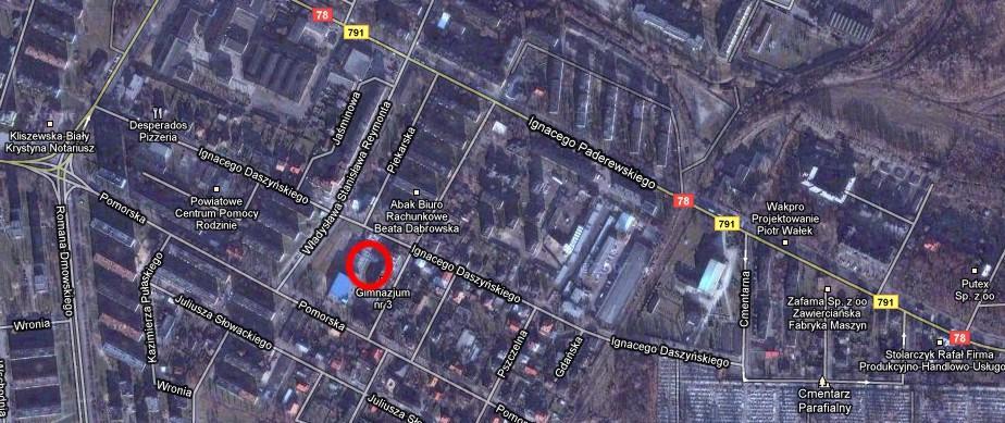 Rysunek B-1. Lokalizacja stacji pomiarowej przy ul. Skłodowskiej-Curie w Zawierciu (źródło: maps.google.pl) Rysunek B-2. Lokalizacja stacji pomiarowej przy ul. Norwida 30 w Miasteczku Śląskim (źródło: WWW.