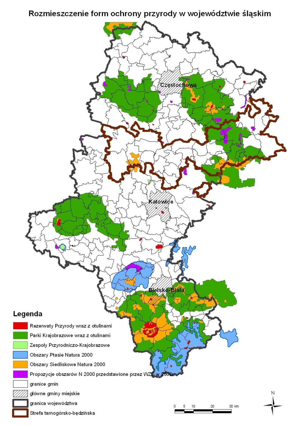 Na poniższym rysunku przedstawiono lokalizację obszarów parków krajobrazowych oraz rezerwatów przyrody wchodzących w skład