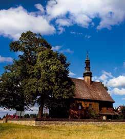 Świątynia ma konstrukcję zrębową, prezbiterium i częściowo nawę okalają soboty. Zdobiąca ściany i stropy polichromia o motywach figuralnych, ornamentalnych i architektonicznych z 1901 r.