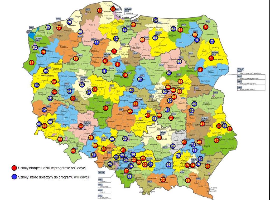 I i II EDYCJA PILOTAŻOWEGO PROGRAMU MON PODMIOTY BIORĄCE UDZIAŁ W REALIZACJI PROGRAMU: ROZKŁAD SZKÓŁ NA TERYTORIUM KRAJU PODMIOTY OŚWIATOWE: 109 szkół ponadgimnazjalnych średnio 3 szkoły w