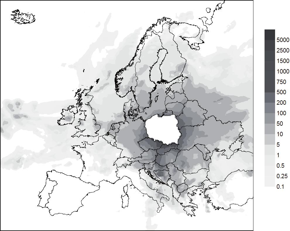 RYSUNEK 4. Depozycja azotu [mg m 2 ] w roku 2012 poza obszarem Polski w wyniku emisji ze wszystkich źródeł zlokalizowanych w Polsce (zob.