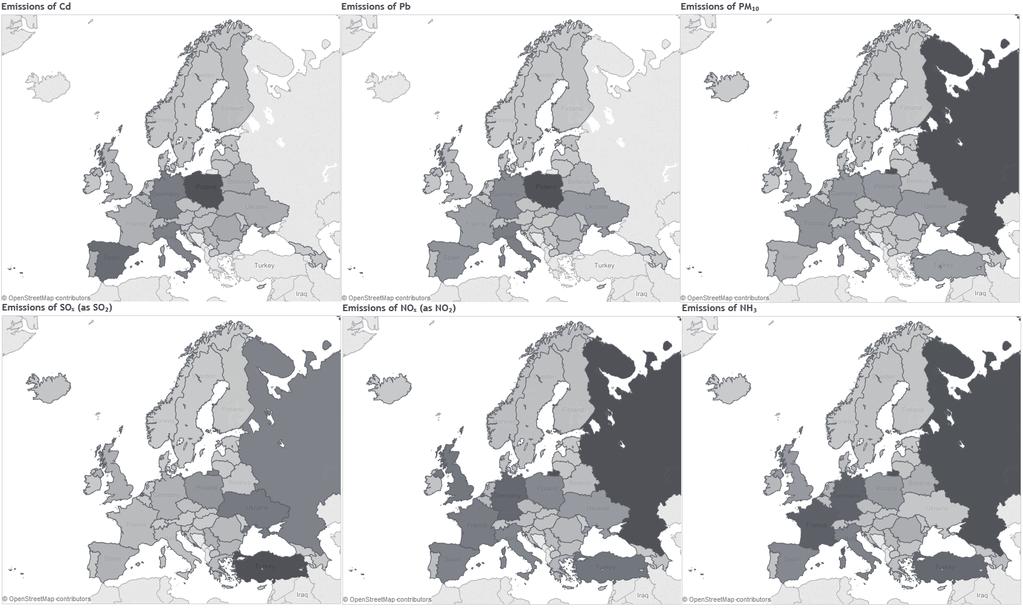 RYSUNEK 6. Emisje zanieczyszczeń ujęte w modelu dyspersji w 2012 roku (w skali szarości od najniższej do najwyższej wartości rocznej).