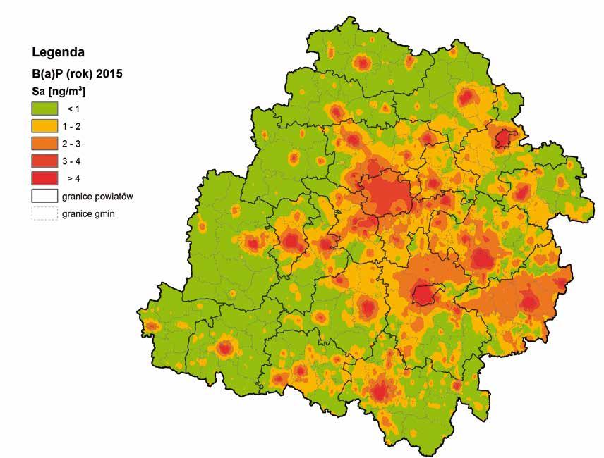 Mapa 3.12 Rozmieszczenie średniorocznych wartości stężenia benzo(a)pirenu w pyle PM10 w województwie łódzkim 2015 r.