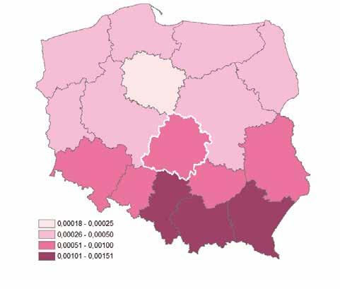 na obszary poszczególnych województw Polski oraz na tereny powiatów województwa łódzkiego wieruszowski wieluński 0,00037-0,00050 0,00051-0,00070 0,00071-0,00083 pajęczański m. Piotrków Tryb.