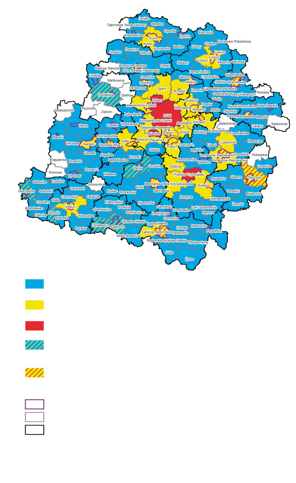 gminy objęte POP ze względu na przekroczenia poziomu docelowego benzo(a)pirenu zawartego w pyle zawieszonym PM10 gminy objęte POP ze względu na przekroczenia poziomu dopuszczalnego pyłu zawieszonego