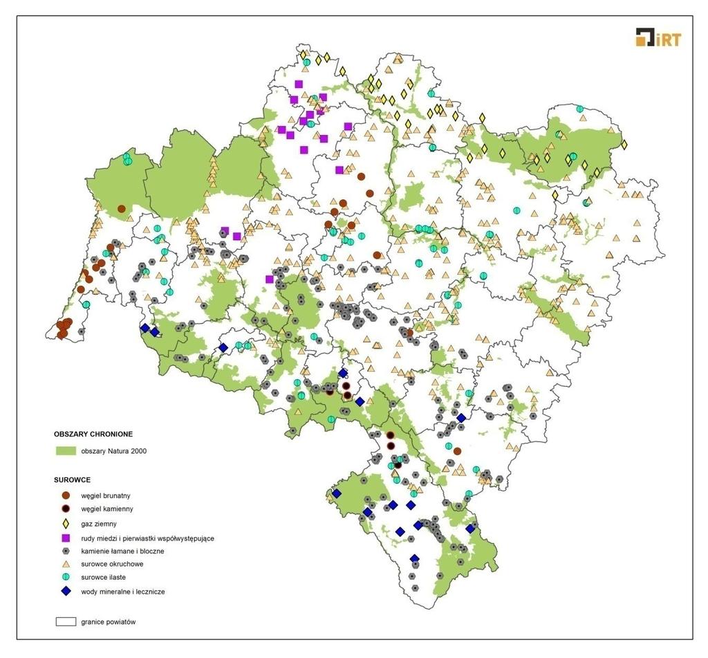 Występowanie surowców na tle obszarów NATURA 2000 Ostoje NATURA 2000 obejmują w Polsce wszystkie parki narodowe, ok. 75 % parków krajobrazowych i ok.