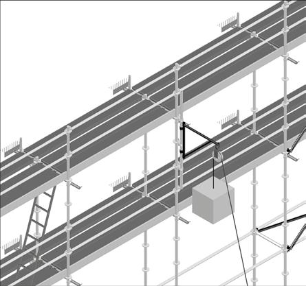 3 MONTAŻ RUSZTOWAŃ 3.11. Transport pionowy materiałów Materiały potrzebne do pracy można dostarczać na rusztowanie, posługując się wysięgnikiem zblocza, bloczkiem i wciągarką, np. firmy GEDA.