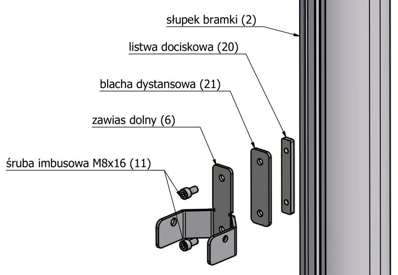 Rama światła bramki powinna być położona na równym i czystym podłożu, rowkami pod zapinki siatki (5) do góry. Listwę dociskową wsuwamy w rowek słupka.