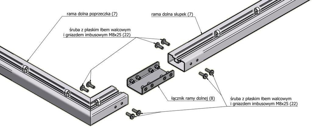 4. MONTAŻ RAMY DOLNEJ SIATKI. Rama dolnej siatki (7), składa się z trzech elementów ramy aluminiowej o profilu 80x40 mm połączonych ze sobą za pomocą łącznika (8).