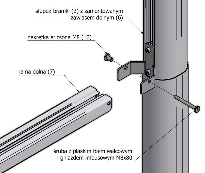 W poprzeczkę dolną 80x40mm (z lewej strony zdjęcia) wkładamy łącznik dolny profilu 80x40 mm, następnie wkręcamy 4 śruby z łbem płaskim walcowym i gniazdem imbusowym M8x25 (22).