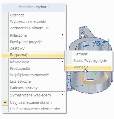 Uchwyty wyboru Menedżer wyboru - informacje ogólne c.d. W trybie Menedżera wyboru kliknięcie lica powoduje wyświetlenie menu menedżera wyboru, które umożliwia dodanie innych elementów do bieżącego zbioru zaznaczeń.