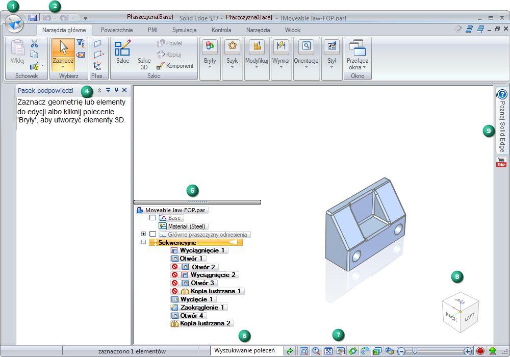 Przegląd interfejsu użytkownika Omówienie interfejsu użytkownika Solid Edge Nazwy i przeznaczenie poszczególnych elementów sterujących w interfejsie użytkownika można szybko poznać, analizując
