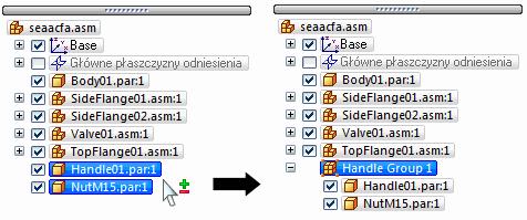 PathFinder Grupowanie części i podzłożeń w złożeniu Karta PathFinder umożliwia wybranie zestawu części lub podzłożeń w aktywnym złożeniu, a następnie określenie, że zaznaczone komponenty są grupą