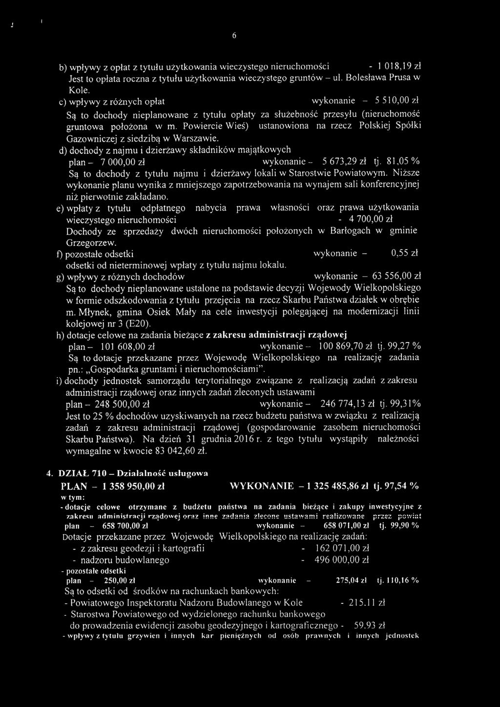 Powiercie Wieś) ustanowiona na rzecz Polskiej Spółki Gazowniczej z siedzibą w Warszawie. d) dochody z najmu i dzierżawy składników majątkowych - 7000,00 zł - 5 673,29 zł tj.