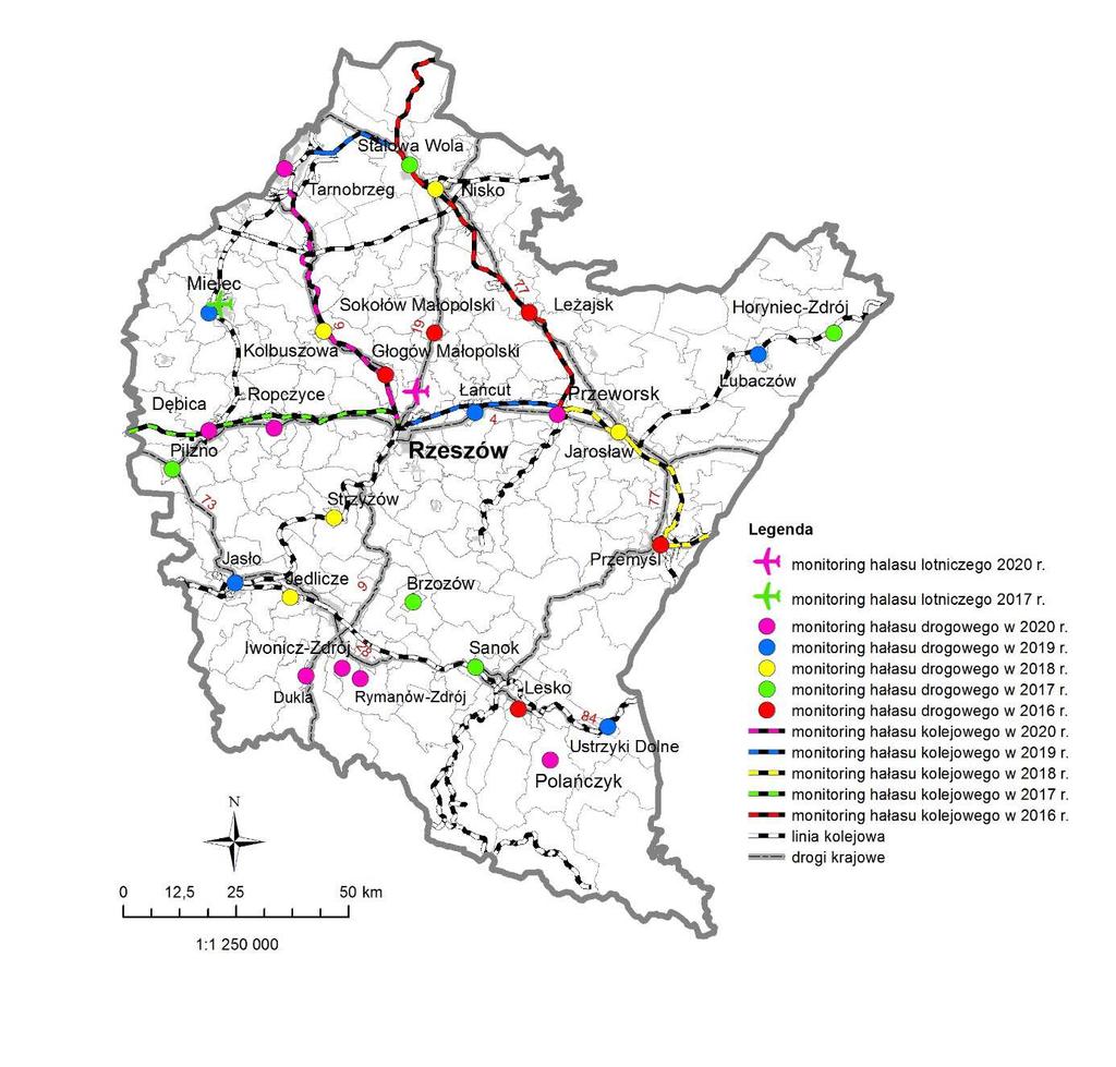 Rys. 3.3.2 Lokalizacja obszarów monitoringu hałasu w województwie podkarpackim w latach 2016-2020 3.4.