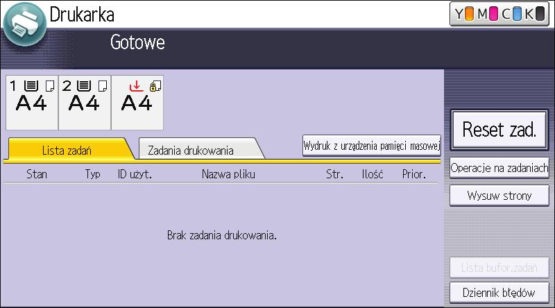 Ekran [Drukarka] 1 2 3 4 5 6 7 8 9 10 DRA313 1. Wskaźniki stanu kasety na papier Wyświetla ustawienia kasety na papier. 2. Stan urządzenia i komunikaty Wyświetla aktualny stan urządzenia, jak np.