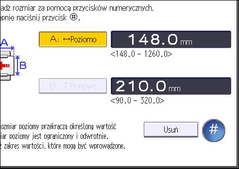 Drukowanie z tacy ręcznej 3. Naciśnij przycisk [Ustaw. kaset na pap.]. 4. Naciśnij przycisk [Rozmiar pap. na tacy ręcznej drukarki]. 5. Naciśnij przycisk [Rozmiar niestand.]. Po ustawieniu rozmiaru niestandardowego należy nacisnąć przycisk [Zmień rozmiar].