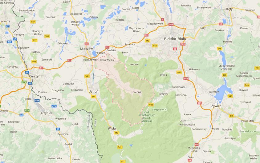 Rysunek 1. Gmina Brenna Źródło: Google Maps Gmina Brenna położona jest na wysokości 420 m n.p.m. między stokami Beskidu Śląskiego, we wschodniej części powiatu cieszyńskiego.