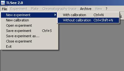 2. Następnie wybieramy opcję File->New Experiment->Without calibration poprzez pojedyncze kliknięcie lewym przyciskiem myszy owej funkcji (ilustracja 2). Ilustracja 2.
