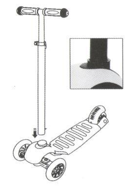 Wersja zwykła 1. Włóż trzonek kierownicy w otwór podnóżka (między przednimi kołami). 2. Prawidłowo zabezpiecz uchwyt kierownicy.