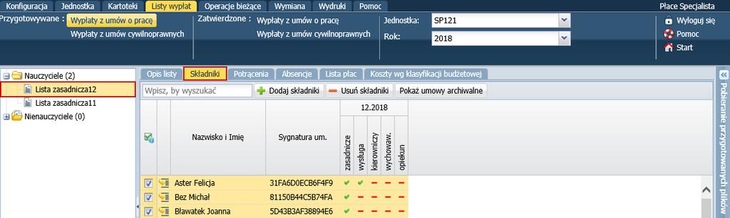 Przejdź na kartę Potrącenia wyświetli się tabela prezentująca występowanie wybranych potrąceń u poszczególnych nauczycieli Składniki i