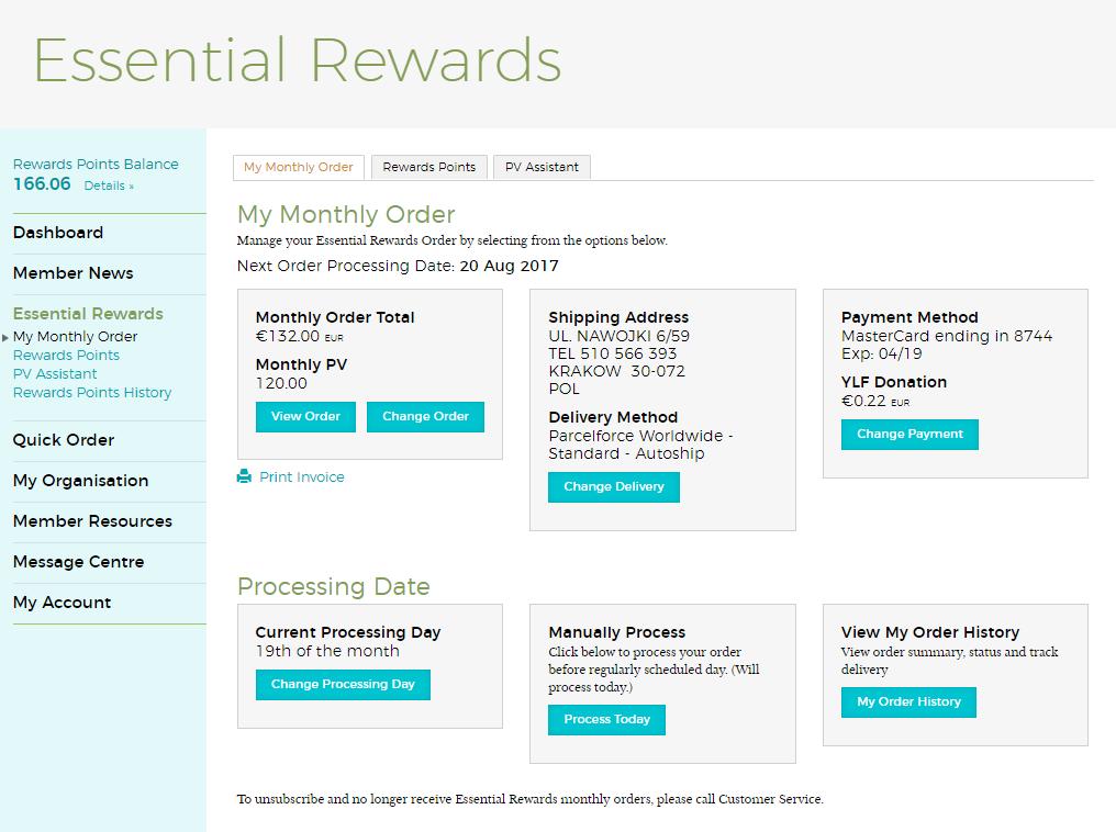 Podsumowanie zamówienia Essential Rewards Pełne dane karty widzi tylko wprowadzający po zapisaniu widad tylko tyle: Adres dostawy Data realizacji na tym koncie jest do kooca