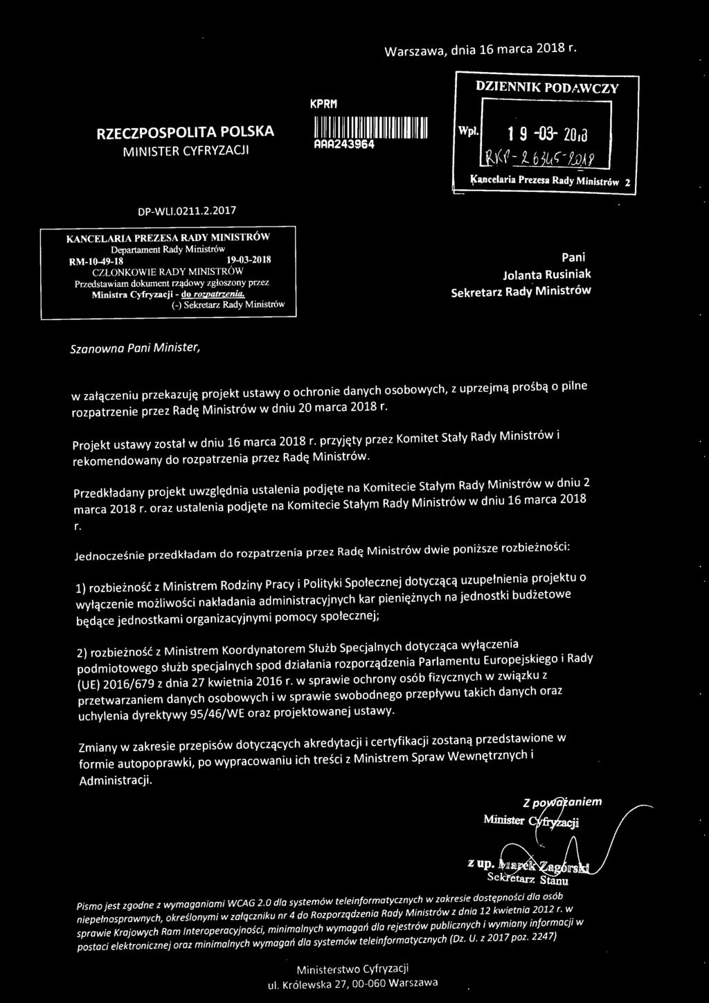 »ap Kancelaria Prezesa Rady Ministrów 2 KANCELARIA PREZESA RADY MINISTRÓW Departament Rady Ministrów RM-1 0-49-18 19-03-2018 CZŁONKOWIE RADY MINISTRÓW Przedstawiam dokument rządowy zgłoszony przez