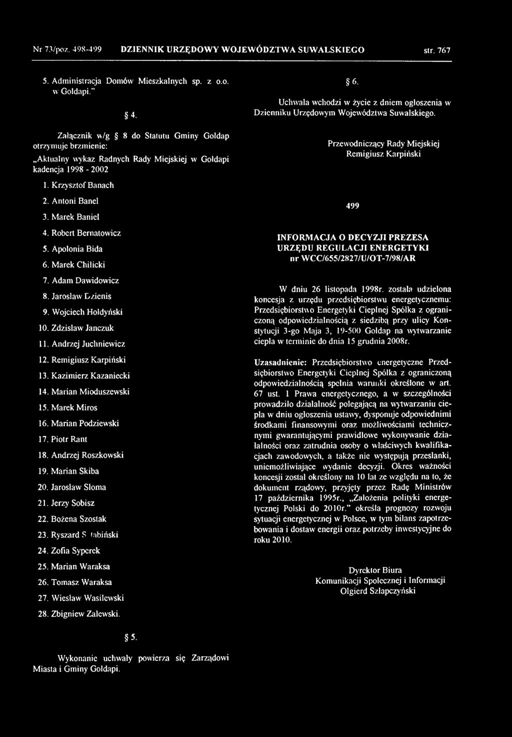Antoni Banel 3. Marek Baniel 4. Robert Bernatowicz 5. Apolonia Bida 6. Marek Chiłicki 7. Adam Dawidowicz 8. Jarosław Dzienis 9. Wojciech Hołdyński 10. Zdzisław Janczuk 11. Andrzej Juchniewicz 12.