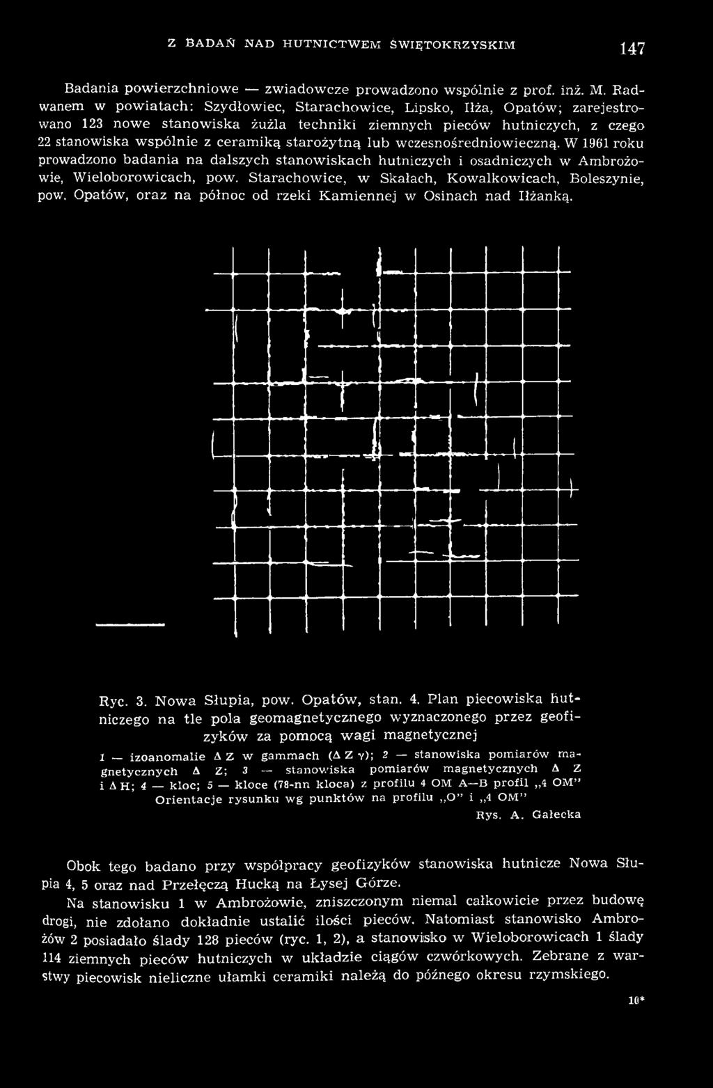 Plan piecowiska hutniczego na tle poła geomagnetycznego wyznaczonego przez geofizyków za pomocą wagi magnetycznej 1 izoanomalie A Z w gammach (A Z y ); 2 stanowiska pomiarów magnetycznych A Z ; 3