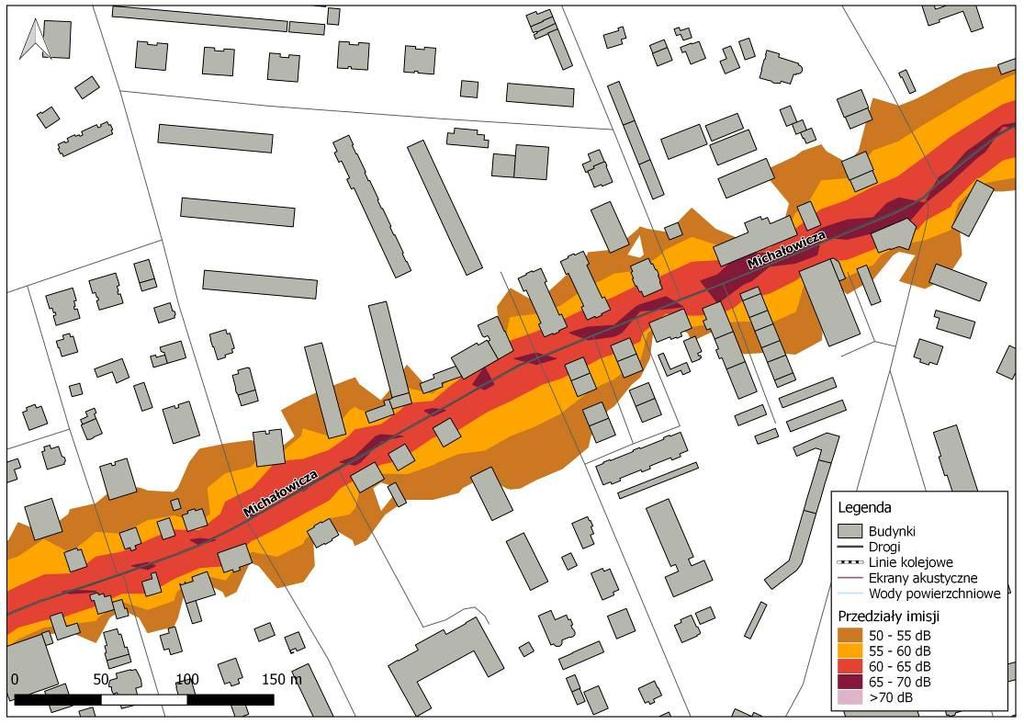Rys. 10.3. Mapa Imisji L N hałasu drogowego dla ul. Michałowicza na odcinku od ul. Andersa do ul. Partyzantów przed zastosowaniem działań naprawczych Rys. 10.4.