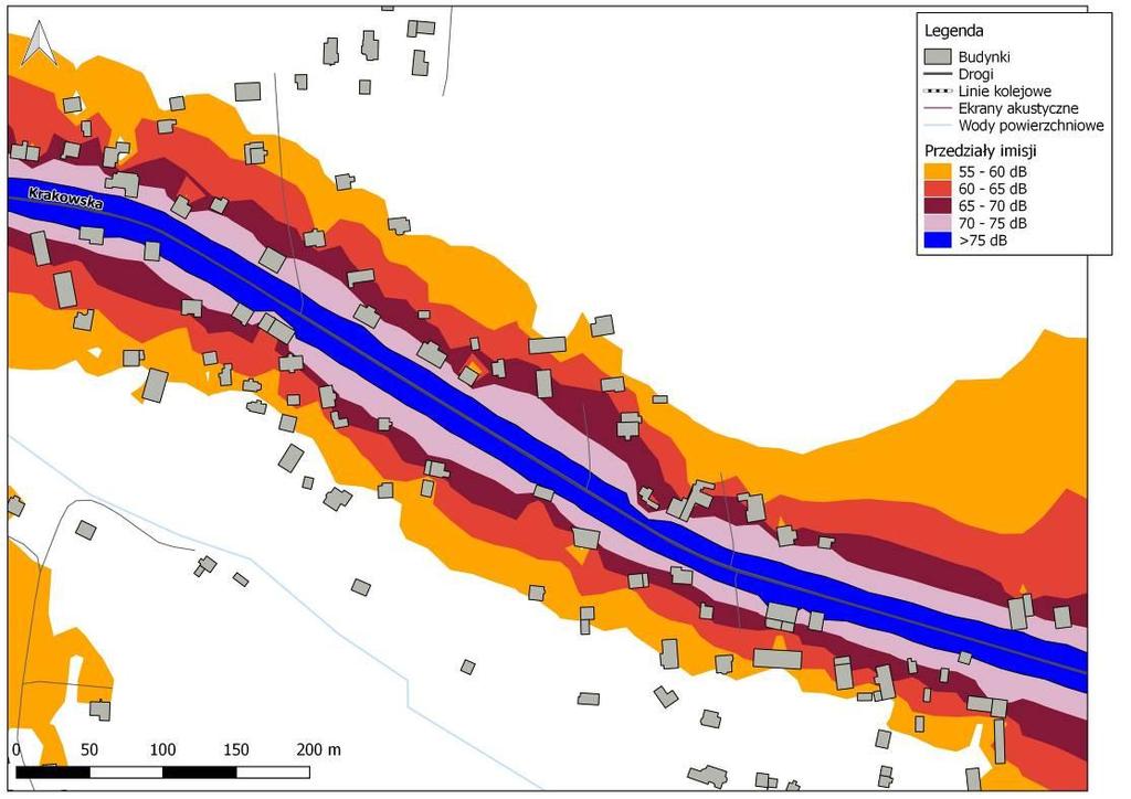 Rys. 10.9. Mapa Imisji L DWN hałasu drogowego dla ul. Krakowskiej na odcinku od drogi dojazdowej do ogródków działkowych przy budynku nr 379 do ul. Polnej przed zastosowaniem działań naprawczych Rys.