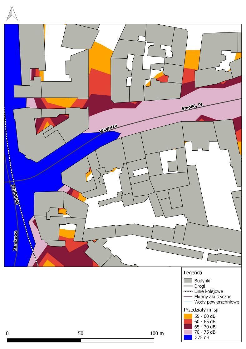 Rys. 10.17. Mapa Imisji L DWN hałasu drogowego dla ul. Wzgórze oraz Placu Franciszka Smolki na odcinku od ul. Zamkowej do ul. Stojałowskiego przed zastosowaniem działań naprawczych Rys. 10.18.