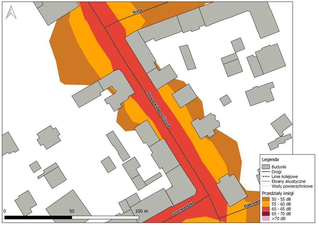 Rys. 10.27. Mapa Imisji L N hałasu drogowego dla ul. Juliusza Słowackiego na odcinku od ul. Sixta do ul. Dąbrowskiego przed zastosowaniem działań naprawczych Rys. 10.28.