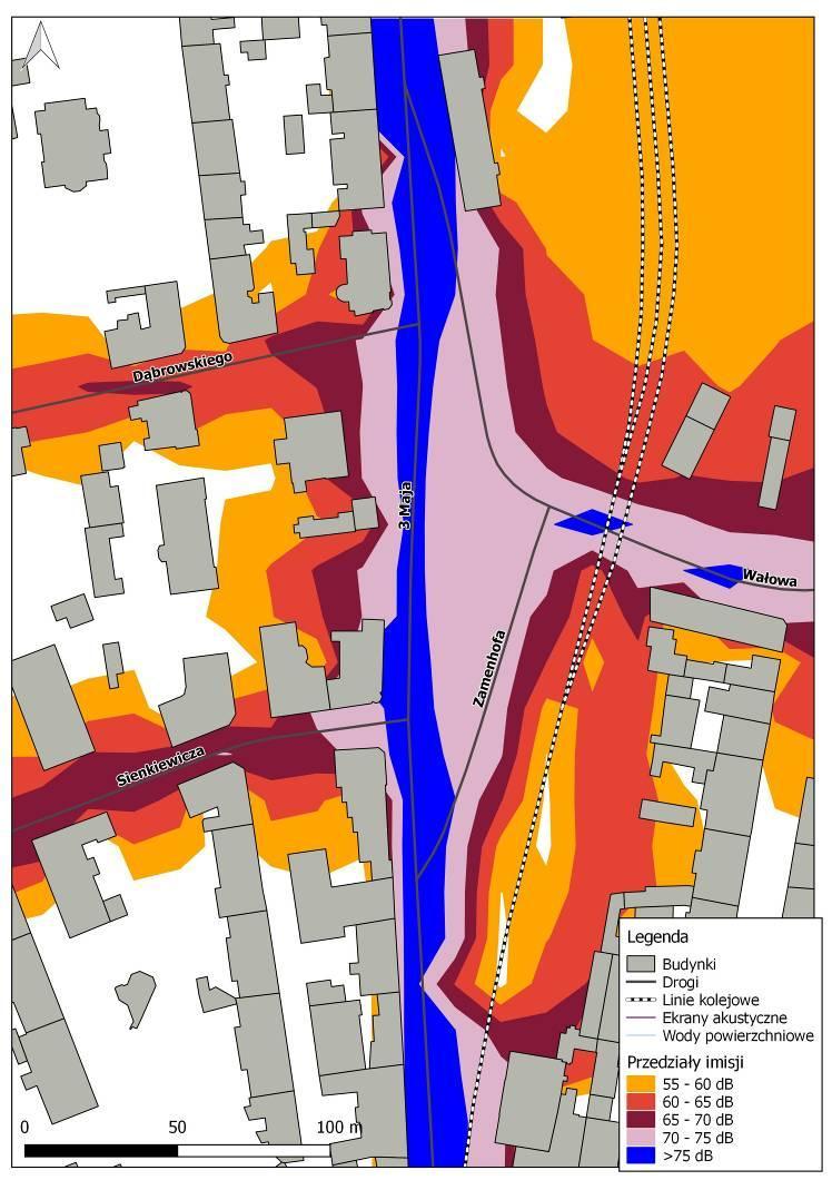 Rys. 10.29. Mapa Imisji L DWN hałasu drogowego dla ul. 3 Maja na odcinku od ul. Piastowskiej do ul. Zamkowej przed zastosowaniem działań naprawczych Rys. 10.30.
