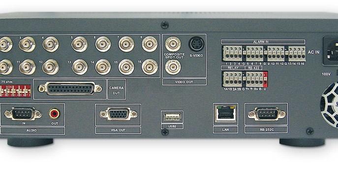 Wyjścia monitorowe główne: Video (BNC), S-Video (Mini-DIN) i VGA (D-Sub) oraz pomocnicze: Video (BNC). 4/8/16 wejść alarmowych i 2 wyjścia alarmowe.