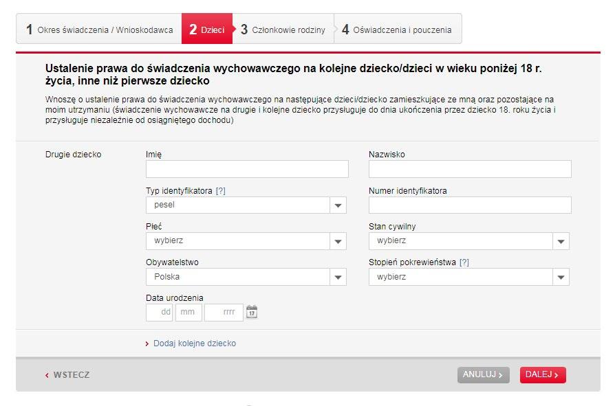 TRYB UPROSZCZONY 2 KROK WNIOSKU DZIECI W tym kroku należy podać dane dziecka / dzieci, na