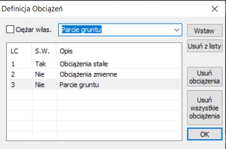 Kolumna S.W. (self weight) określa czy w danym przypadku uwzględnia się obciążenie ciężarem własnym.