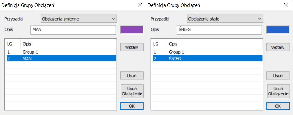Użyj polecenia Grupa obciążeń, aby stworzyć grupy obciążeń należące do danego przypadku. Jest to procedura opcjonalna. Obciążenia stałe i zmienne domyślnie zawierają grupę 1.
