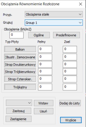 a. Obciążenia Płyt Grupa obciążeń Obciążenia płyt zawiera komendy do wstawiania, edytowania i przekazywania obciążeń z płyt na elementy i węzły.