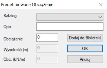 Wybierz z listy Importuj predefiniowane obciążenia aby bezpośrednio określić obciążenia albo wpisz opis, wartość obc. (kn/m 2 ).