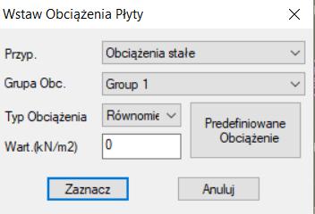 PRZYKŁAD 2: Przypuśćmy, że obciążenia stałe równe 1 kn/m 2 zostało już wcześniej przypisane do płyty i chcesz dodać obciążenie zmienne równe 2 KN/m 2. Zdefiniuj obciążenie i naciśnij Dodaj do listy.