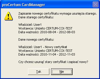 karcie to aplikacja dokona próby nadpisania certyfikatu znajdującego się na karcie.