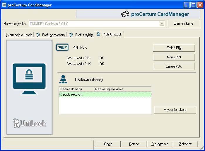 7. Profil UniLock W przypadku gdy chcemy zarządzać profilem przeznaczonym na dane związane z ochroną dostępu do komputera, należy wybrać zakładkę Profil UniLock.