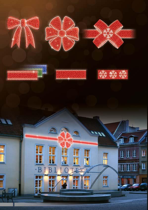 DEKORACJE UNIWERSALNE KOKARDY I WSTĄŻKI NA MATACH ILUMINACJE ŚWIETLNE POL-0162M 200x200x8 cm LED200W POL-0163M 200x200x20 cm LED328W POL-0156 150x150x20 cm LED200W POL-0164M 60x200x5 cm LED46W