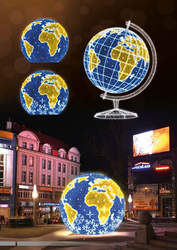 DEKORACJE 3D KULA ZIEMSKA, GLOBUS ILUMINACJE ŚWIETLNE POL-0934M Ø 300 cm LED350W POL-0935M Ø 400 cm LED675W POL-0936M Ø 500 cm LED1724W Kolorowe maty lepiej podkreślają kolory i światło.